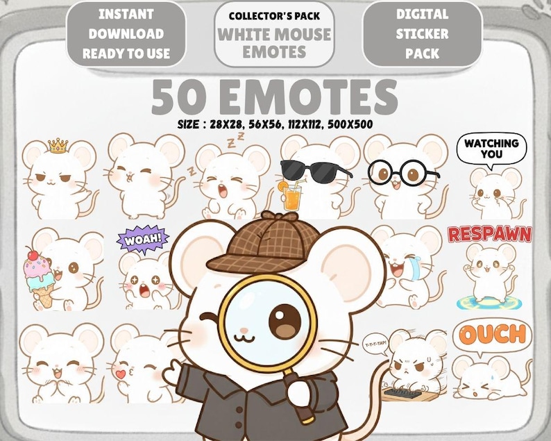 Mouse Emotes 50 Kawaii White Mouse Emotes PNG Pack: Chibi Twitch Discord Emotes ...