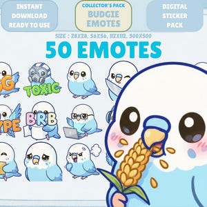 Puede incluir: Un paquete de pegatinas digitales con 50 emoticonos de periquitos. Los emoticonos muestran varias expresiones y acciones, incluyendo "GG", "Toxic", "Hype" y "BRB". Los periquitos son principalmente azules y blancos con ojos negros. Descarga instantánea.