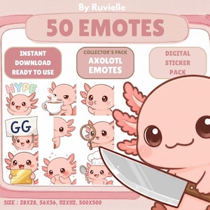 May include: A digital art graphic featuring a collection of 50 axolotl emotes. The emotes are in various poses and expressions, with text that says "HYPE" and "GG". The image also includes the text "COLLECTOR'S PACK AXOLOTL EMOTES" and "DIGITAL STICKER PACK".
