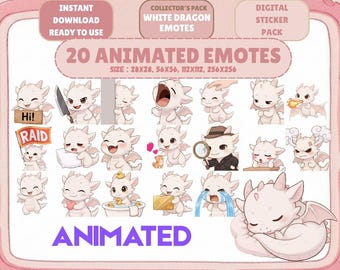 20 Animated White Dragon Emotes GIF Pack: Chibi Twitch Discord Emotes (Digital Download)
