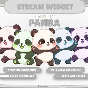 Könnte beinhalten: Eine digitale Grafik mit dem Titel STREAM WIDGET SPAWN PET PANDA, die fünf Cartoon-Pandas in verschiedenen Farben zeigt. Der Text enthält 7 PLAYFUL COMMANDS, PETS GREET EACH OTHER, UNIQUE COLOR PER VIEWER und RESTS WHEN TIRED. Die Pandas haben große Augen.