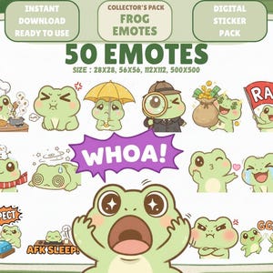 Puede incluir: Un paquete de pegatinas digitales con 50 emoticonos de ranas, que muestran diversas expresiones y poses. Los emoticonos incluyen ranas con gorros de chef, lupas y bolsas de dinero. El texto incluye "Descarga instantánea" y "Pack de coleccionista".