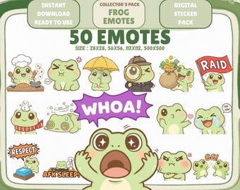 50 Kawaii Green Frog Emotes PNG Pack: Chibi Twitch Discord Emotes (Digital Download)