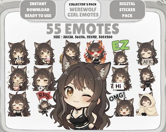 55 Werewolf Girl Emotes: Kawaii Chibi Twitch Discord (Digital Download)