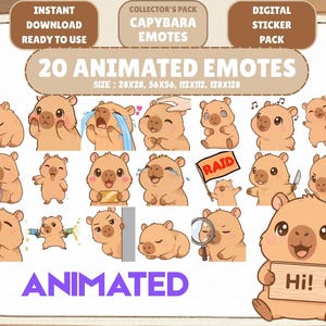 Pode incluir: Um pacote de adesivos digitais com 20 emotes de capivara animados. Os emotes exibem várias expressões e ações, incluindo choro, acenar com uma bandeira e segurar uma placa que diz "Hi!". O texto "Download instantâneo pronto para usar" também é visível.