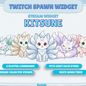 May include: A digital graphic featuring a row of cartoon kitsune foxes in various poses. The image includes text that reads "TWITCH SPAWN WIDGET" and "KITSUNE". Additional text describes features like "6 PLAYFUL COMMANDS" and "UNIQUE COLOR PER VIEWER".