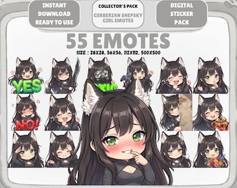 May include: Digital sticker pack featuring 55 emotes of a Gerbarian Shepsky girl. The emotes are in various poses and expressions, with sizes ranging from 28x28 to 500x500 pixels. The image includes the words "YES" and "NO!"