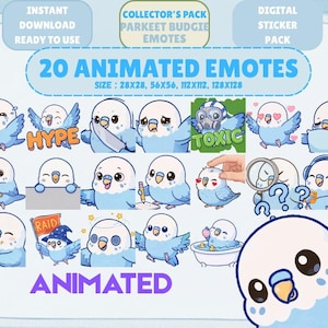 Puede incluir: Un paquete de pegatinas digitales con 20 emoticonos animados de periquitos azules. Cada emoticono muestra una expresión o acción diferente, como sostener un letrero, usar auriculares o sostener una pizza. El paquete incluye varios tamaños, listo para descargar.