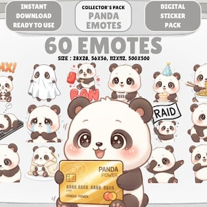 Puede incluir: Un paquete de pegatinas digitales con 60 emoticonos de panda en varias poses y expresiones. La imagen incluye el texto "Descarga instantánea lista para usar" y "Pack de coleccionista Emotes Panda". El tamaño de los emoticonos es 28x28, 56x56, 112x112 y 500x500.