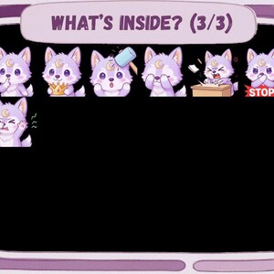 May include: A digital illustration featuring a series of cartoon wolf characters in various poses and expressions. The wolves are lavender with crescent moon markings. The text "WHAT'S INSIDE? (3/3)" is at the top.