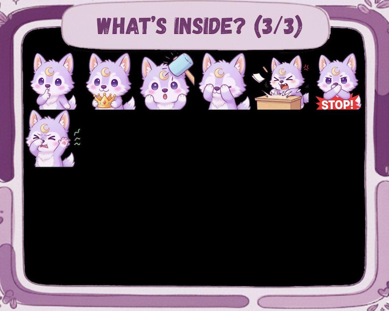 May include: A digital illustration featuring a series of cartoon wolf characters in various poses and expressions. The wolves are lavender with crescent moon markings. The text "WHAT'S INSIDE? (3/3)" is at the top.