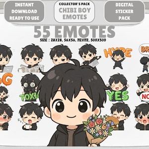 55 emoticonos kawaii de chicos chibi: paquete PNG para Twitch y Discord (descarga digital)