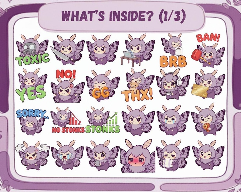 Moth Emotes 50 Kawaii Purple Moth Chibi Emotes: Twitch Discord PNG Pack (digital ...