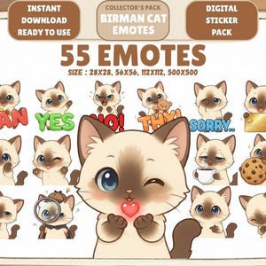 May include: A digital sticker pack with 55 Birman cat emotes. The emotes show different expressions, including "BAN", "YES", "NO", and "SORRY". The image includes text that says "INSTANT DOWNLOAD READY TO USE" and "COLLECTOR'S PACK".