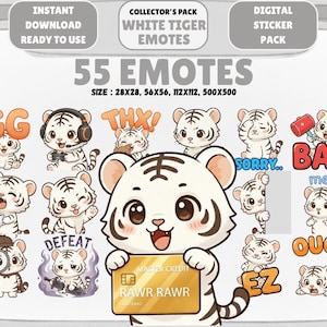 55 Kawaii White Tiger Emotes PNG Pack: Chibi Twitch Discord Emotes (Digital Download)