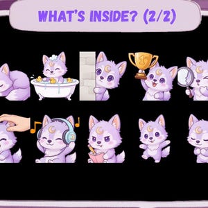 May include: A collection of cartoon wolf stickers in various poses, each with a crescent moon on its forehead. The wolves are depicted sleeping, bathing, peeking, holding a trophy, using a magnifying glass, and more. The text "WHAT'S INSIDE? (2/2)" is at the top.