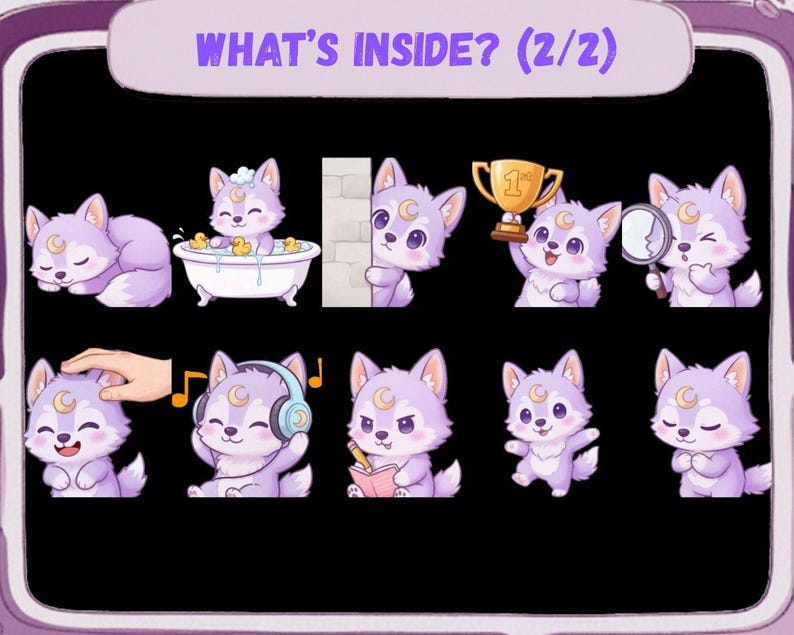 May include: A collection of cartoon wolf stickers in various poses, each with a crescent moon on its forehead. The wolves are depicted sleeping, bathing, peeking, holding a trophy, using a magnifying glass, and more. The text "WHAT'S INSIDE? (2/2)" is at the top.