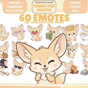 60 Kawaii Fennec Fox Emotes PNG Pack: Chibi Twitch Discord Emotes (Digital Download)