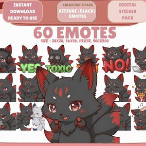 Puede incluir: Un paquete de pegatinas digitales con 60 emoticonos de un zorro Kitsune negro con detalles rojos. Los emoticonos muestran varias expresiones y acciones, con las palabras "YES", "TOXIC" y "NO!". Descarga instantánea.