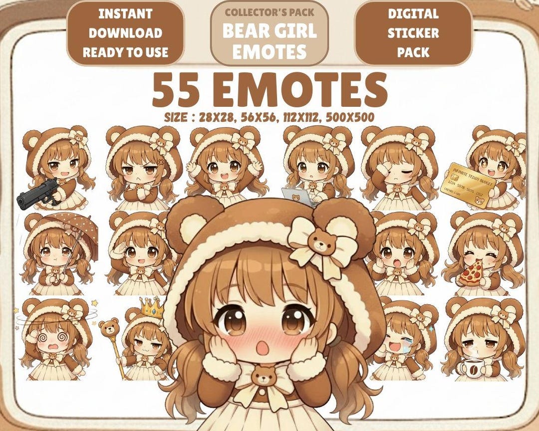 55 Kawaii Brown Bear Girl Emotes PNG Pack: Chibi Twitch Discord Emotes ...