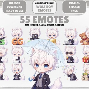 May include: A digital sticker pack featuring 55 Wolf Boy emotes. The emotes showcase a white-haired anime character in various poses, including holding an umbrella, with a laptop, and with a teddy bear. The text on the image says "Instant Download Ready to Use."