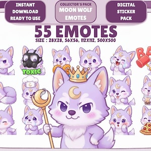 May include: Digital sticker pack with 55 Moon Wolf emotes. The emotes show a purple wolf with different expressions, including one with a crown, one with a gas mask and the word "TOXIC", and one with a hammer and the word "BAN".
