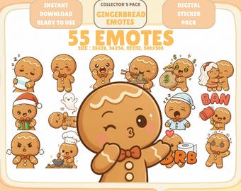 May include: A digital sticker pack featuring 55 gingerbread emotes. The emotes include various expressions and activities, such as sleeping, eating noodles, and holding money bags. The text on the image says "Collector's Pack Gingerbread Emotes" and "Instant Download Ready to Use".