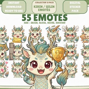 55 Kawaii Kirin / Qilin Emotes PNG-paket: Chibi Twitch Discord Emotes (digital nedladdning)