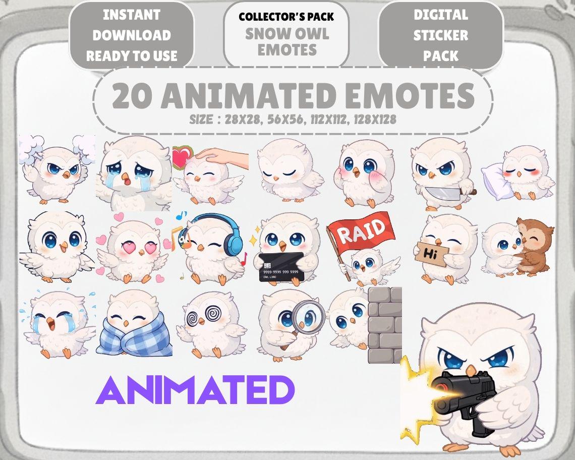 20 Animated Baby Snow Owl Emotes GIF Pack: Chibi Twitch Discord Emotes (Digital Download)