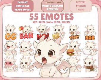 55 White Dragon Emotes: Kawaii Chibi Twitch Discord (Digital Download)