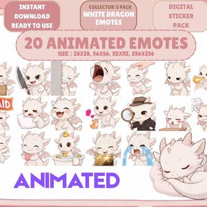 20 animerade vita drake-emotes i GIF-paket: Chibi, Twitch, Discord-emotes (digital nedladdning)