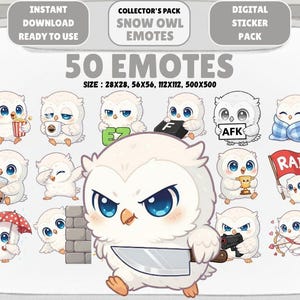 50 niedliche Baby Schneeeulen Chibi Emotes: Twitch Discord PNG Pack (Digitaler Download)