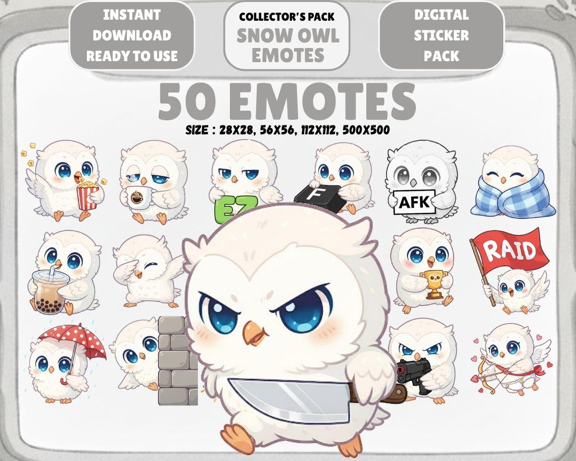 50 Kawaii Baby Snow Owl Chibi Emotes: Twitch Discord PNG Pack (Digital Download)