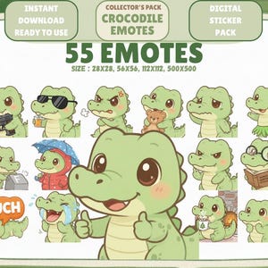 May include: A digital sticker pack featuring 55 crocodile emotes in various poses and expressions. The green cartoon crocodiles are shown with sunglasses, holding weapons, and wearing raincoats. Text includes "Collector's Pack" and "Digital Sticker Pack."