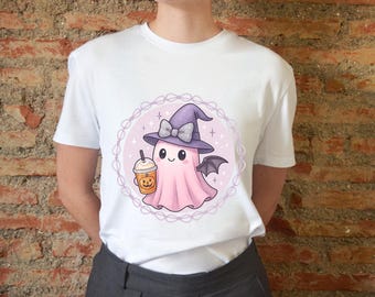 Kawaii Holographic Ghost Clipart – Preppy Halloween PNG with Iridescent Bow and Sparkle Details