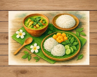 Green Curry Chicken Clipart | Thai Food Watercolor PNG | Digital Download