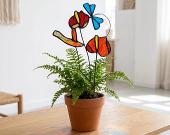 Stained Glass Dragonfly Plant Stake, Floral Garden Ornament, Nature Inspired Gift, Window Suncatcher Decor