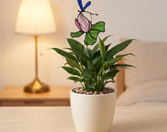 Estaca para plantas con forma de libélula y loto de vidrieras, regalo de decoración floral para jardín, adorno botánico para ventana