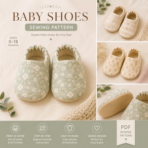 May include: Baby shoes sewing pattern with sizes 0-18 months. The image shows several pairs of baby shoes in different patterns, including floral and plaid designs. The main pair is light green with a white floral pattern. The text reads "BABY SHOES".
