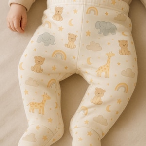 May include: Cream-colored baby pants with an all-over print of cartoon giraffes, teddy bears, elephants, rainbows, clouds, moons, and stars. The pants are made of a soft material and are designed for comfort. The baby pants are a cute and whimsical addition to any baby's wardrobe.