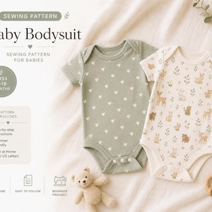 May include: Two baby bodysuits. One is sage green with white hearts, the other is off-white with a woodland animal print. The image includes text: "Baby Bodysuit", "Sewing Pattern", "Sizes 0-18 Months", and "Print at Home".