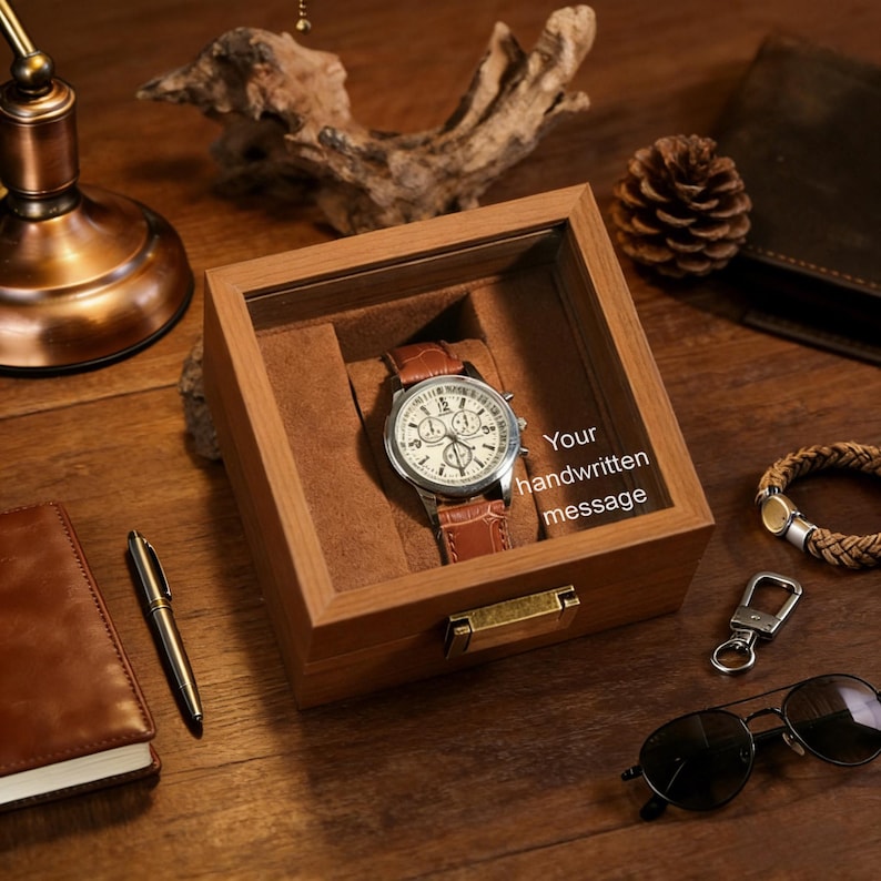 May include: A wooden watch box with a glass top displays a brown leather-banded watch with a white face. The box has a brass clasp and is lined with brown fabric. The text "Your handwritten message" is visible.