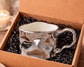 Luxury Silver Mug Gift, Modern Sculptural Coffee Cup, Unique Metallic Ceramic Mug, Elegant Gift for Her, Designer Mug, Housewarming Gift