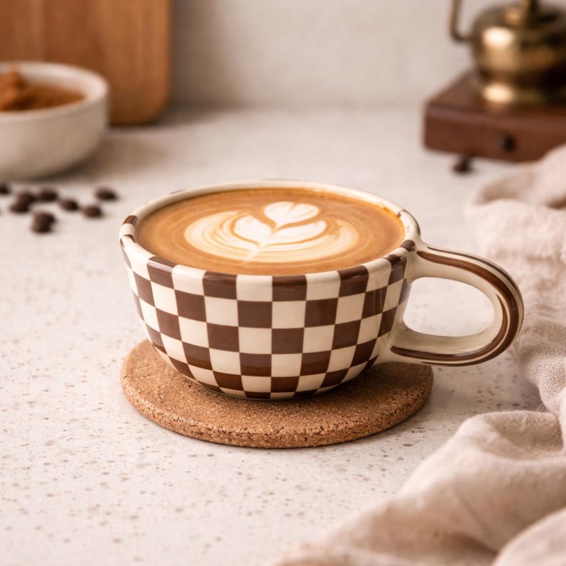 May include: A ceramic coffee mug featuring a brown and white checkered pattern, filled with a latte topped with heart-shaped foam art. The mug rests on a round, light brown cork coaster, showcasing a wide handle and a smooth, glossy finish.