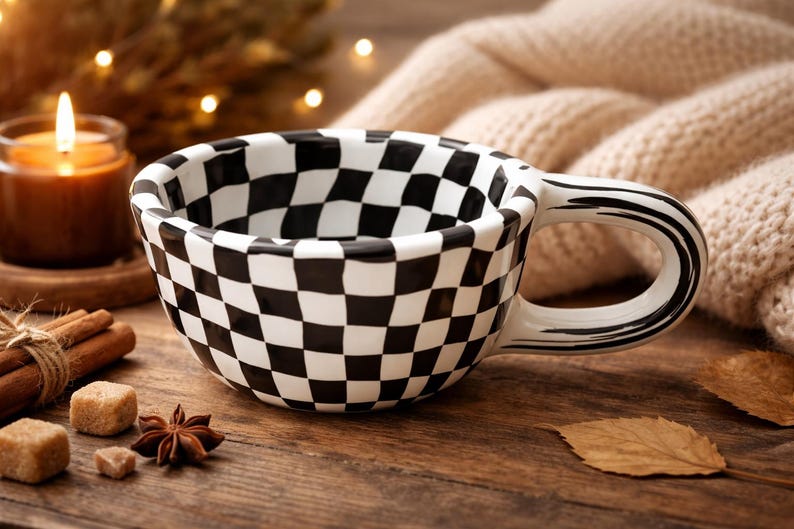 May include: A ceramic mug featuring a black and white checkered pattern across its exterior and interior. The mug has a rounded bowl shape and a curved handle with black painted stripes. The surface of the mug appears slightly uneven and hand-formed.