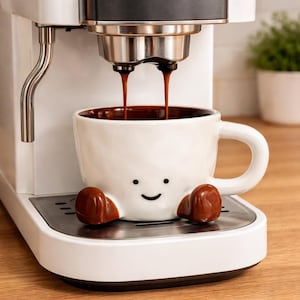 May include: A white ceramic mug with a textured surface, a simple black smiley face, and two brown feet at the base, positioned under a white espresso machine that is dispensing two streams of dark brown coffee into the mug's interior.