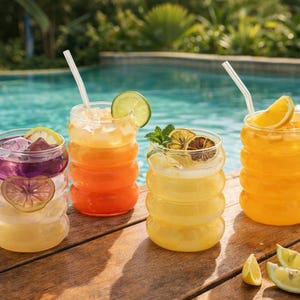Set of 4 Ribbed Glass Tumblers, Spiral Drinking Glasses, Modern Juice & Cocktail Cups, Clear Iced Drink Glassware, Kitchen Gift Set 219