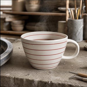 Red Striped Ceramic Mug, Minimalist Horizontal Stripe Coffee Cup, Large Aesthetic Tea Mug, Cute Pottery Soup Bowl Mug, Cozy Kitchen Gift