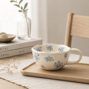 Blue Daisy Ceramic Mug, Cute Floral Scalloped Coffee Cup, Forget Me Not Flower Tea Cup, Aesthetic Coquette Pottery, Birthday Gift for Her 02