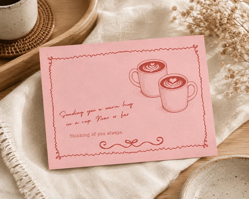 May include: A rectangular pink greeting card featuring a red line-art illustration of two coffee mugs with latte art. The text reads: Sending you a warm hug in a cup. Near or far. Thinking of you always. The card has a decorative scribbled border.